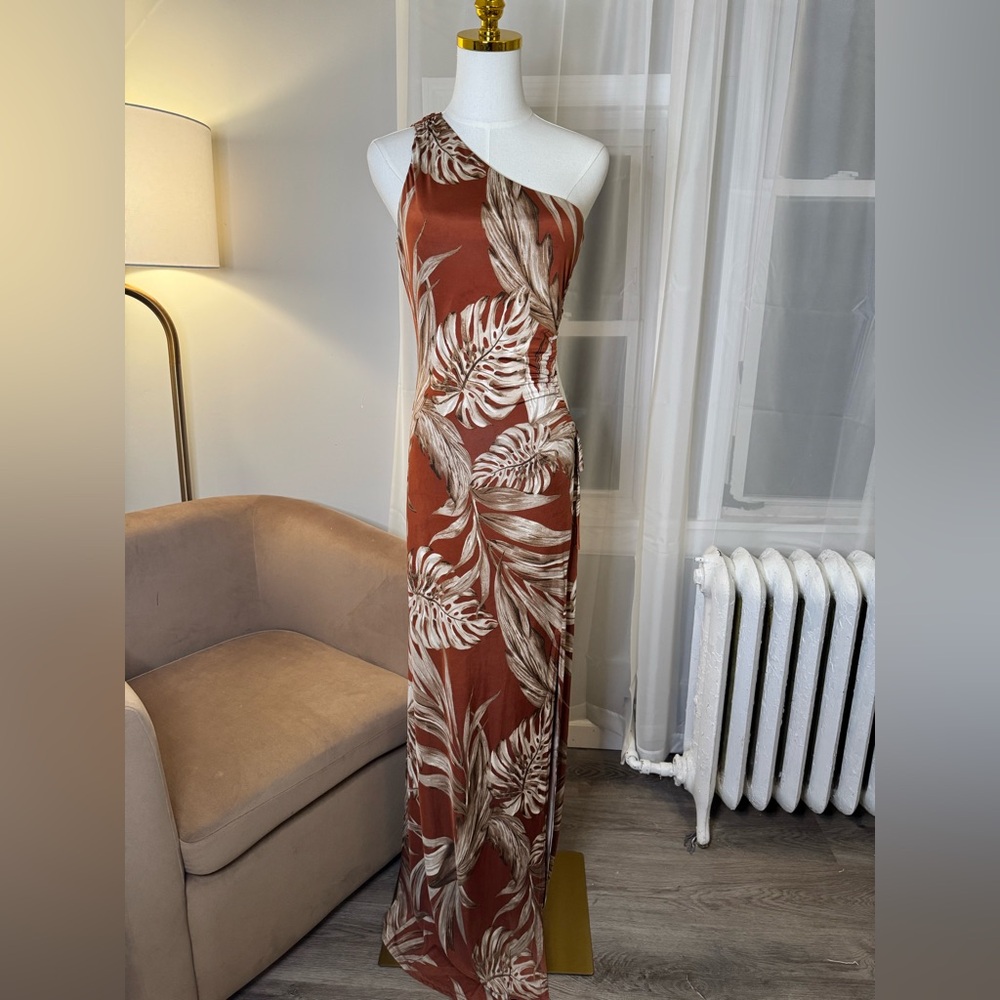 Windsor | Burnt Orange Tropical One Shoulder Cut Out Maxi Dress
